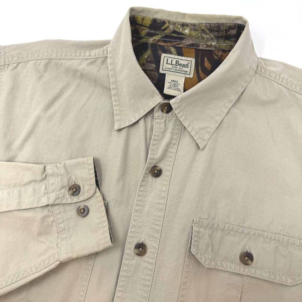 LL Bean Mens Large Reg Tan Ripstop Utility Shirt Camo Trim 0FGX7 Long Sleeve